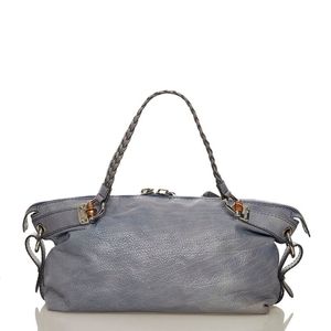 Gucci Bamboo Shoulder Tote Bag Blue Leather Large Travel Bag